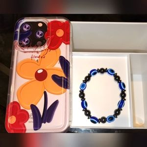New Iphone 14 Pro Flower Phone Case & Blue Eye Magnetic Bracelet Bundle